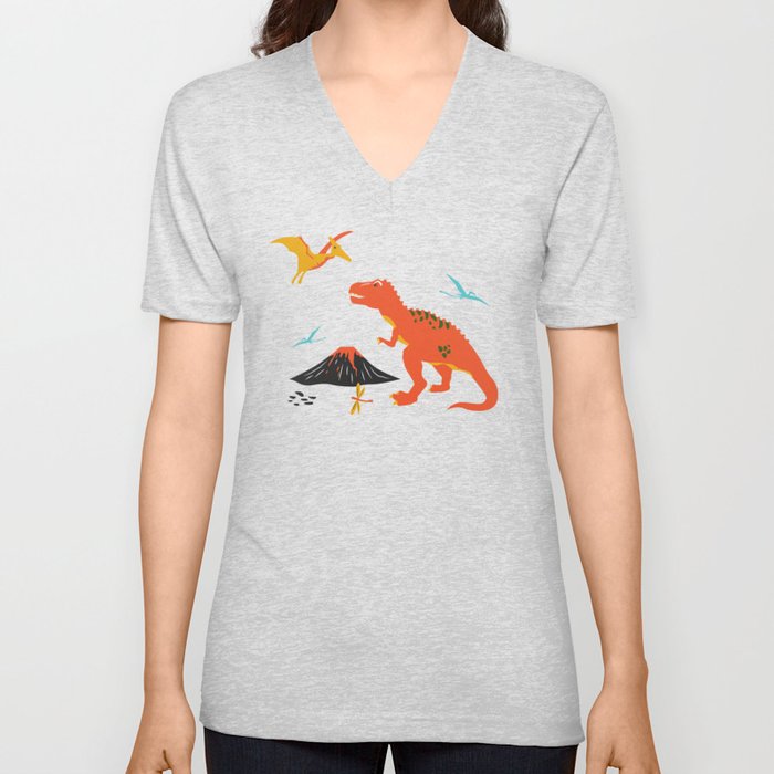 Jurassic Dinosaurs in Blue + Red V Neck T Shirt