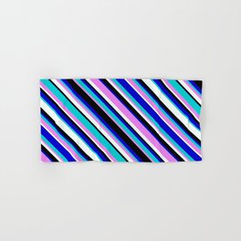 [ Thumbnail: Eyecatching Blue, Dark Turquoise, Violet, Mint Cream, and Black Colored Stripes Pattern Hand & Bath Towel ]