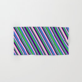 [ Thumbnail: Pink, Royal Blue, Lime Green, and Indigo Colored Lined/Striped Pattern Hand & Bath Towel ]