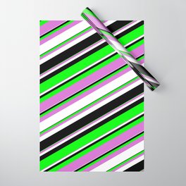 [ Thumbnail: Lime, Orchid, White & Black Colored Lined/Striped Pattern Wrapping Paper ]