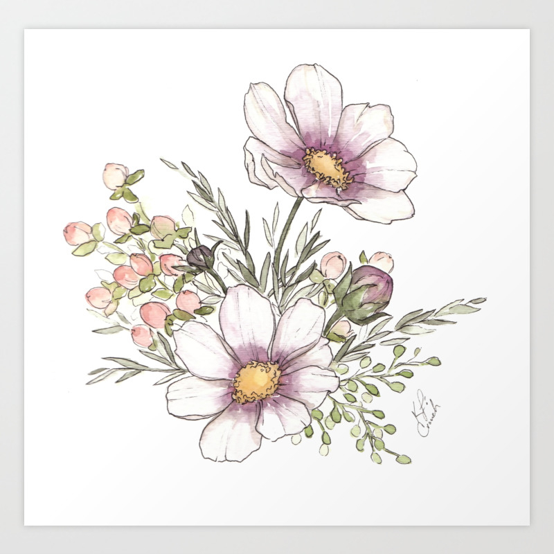 Purple Cosmos Flowers Watercolor Art Print By Katrinacrouch Society6,Kawaii Lucky Cat Drawing