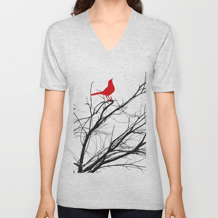 Jaunty Red Bird on Branch A533 V Neck T Shirt