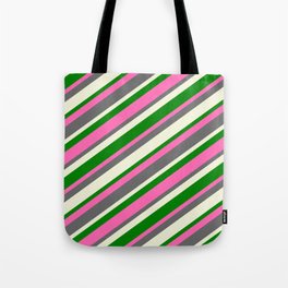 [ Thumbnail: Hot Pink, Dim Gray, Beige, and Green Colored Stripes Pattern Tote Bag ]