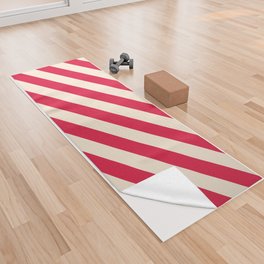 [ Thumbnail: Beige & Crimson Colored Lined/Striped Pattern Yoga Towel ]