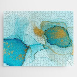 Blue and Gold Abstract Watercolor Paint Jigsaw Puzzle