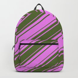 [ Thumbnail: Violet and Dark Olive Green Colored Lines/Stripes Pattern Backpack ]