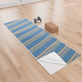 [ Thumbnail: Tan & Blue Colored Lines/Stripes Pattern Yoga Towel ]