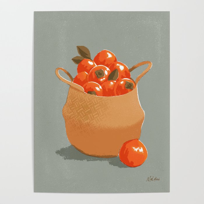 Vintage Persimmons // Basket full of persimmons illustration Poster
