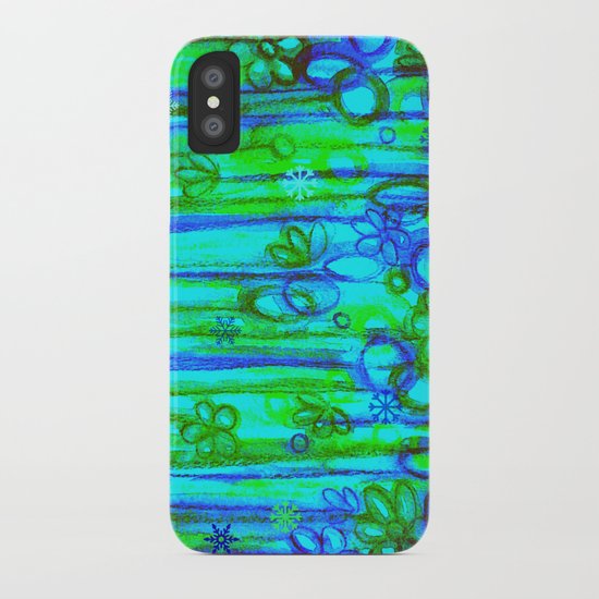 WINTER GARDEN -Bright Blue Green Neon Snowflake Floral Abstract Watercolor Painting and Digital Art iPhone Case