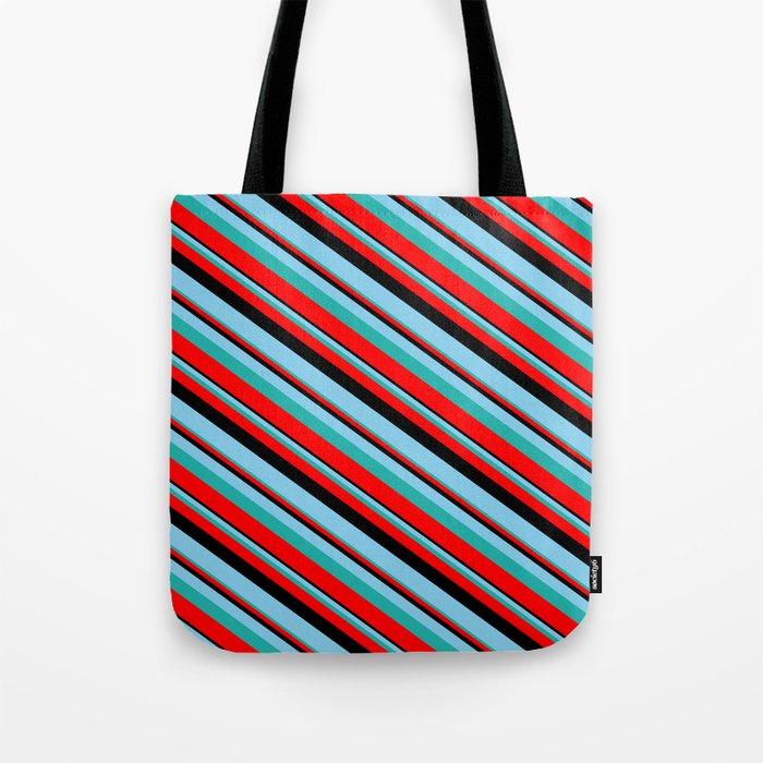 Black, Sky Blue, Light Sea Green & Red Colored Lines/Stripes Pattern Tote Bag