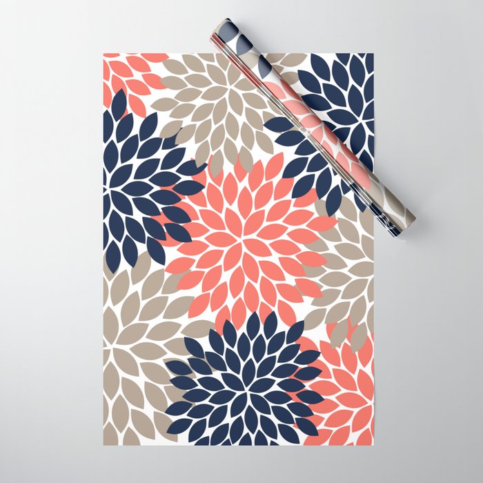Tan Coral Navy Flower Burst Floral Pattern Wrapping Paper