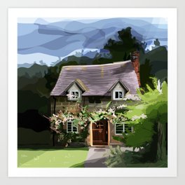 English Cottage Covered in Flowers with Blue Sky, Plants, Trees, Arched Doorway Art Print