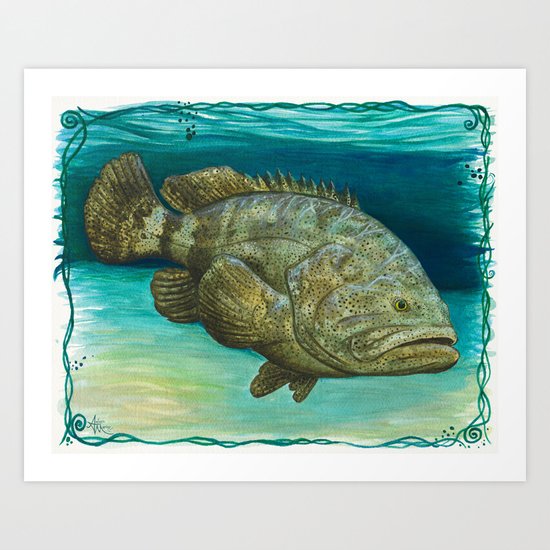 "Goliath Grouper" by Amber Marine ~ Watercolor Painting, (c) 2016 Art Print