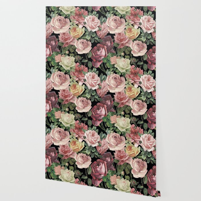 Vintage Shabby Chic Dark Retro Floral Roses Pattern Wallpaper