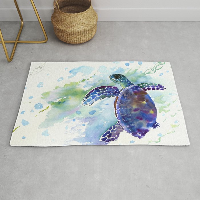 Happy Sea Turtle, aquatic marine blue purple turtle illustration Rug