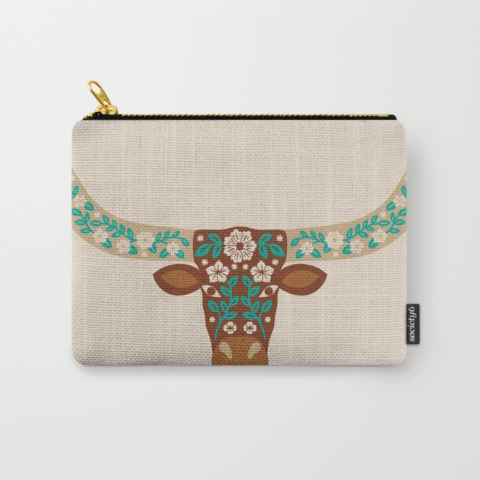 Floral Longhorn – Brown and Turquoise Carry-All Pouch