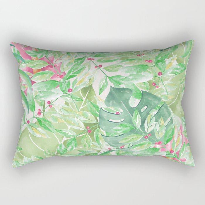 Hand painted watercolor green pink tropical leaves floral Rectangular Pillow
