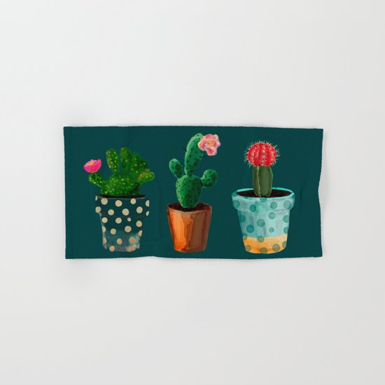 Three Cacti With Flowers On Green Background Hand & Bath Towel