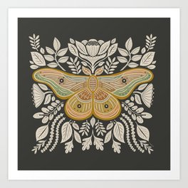 Moth Floral - Gold on Charcoal Art Print