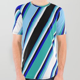 [ Thumbnail: Vibrant Blue, Light Sea Green, Light Sky Blue, White & Black Colored Lines/Stripes Pattern All Over Graphic Tee ]