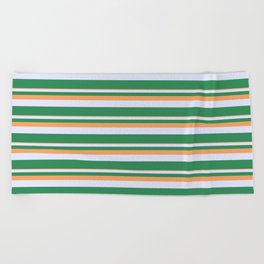 [ Thumbnail: Brown, Lavender, and Sea Green Colored Lines Pattern Beach Towel ]