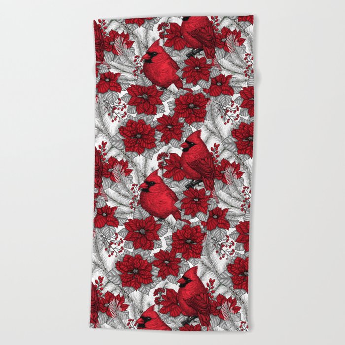 Cardinals in winter branches and Christmas decoration Beach Towel