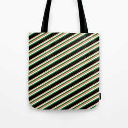 [ Thumbnail: Dark Salmon, Light Cyan, Forest Green & Black Colored Striped Pattern Tote Bag ]