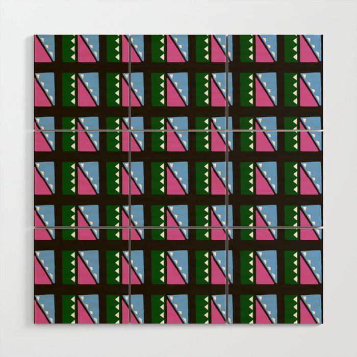 Modern, abstract ethnic geometric seamless-pattern in green light blue, black, white Wood Wall Art