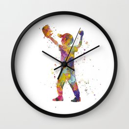 Boy plays baseball in watercolor Wall Clock