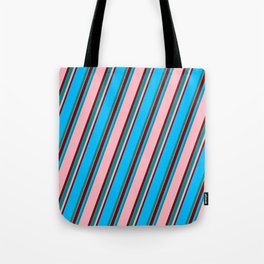[ Thumbnail: Dark Cyan, Light Pink, Maroon & Deep Sky Blue Colored Lined Pattern Tote Bag ]
