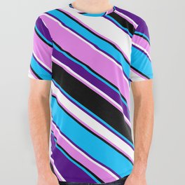 [ Thumbnail: Eyecatching Deep Sky Blue, Indigo, White, Violet & Black Colored Stripes/Lines Pattern All Over Graphic Tee ]