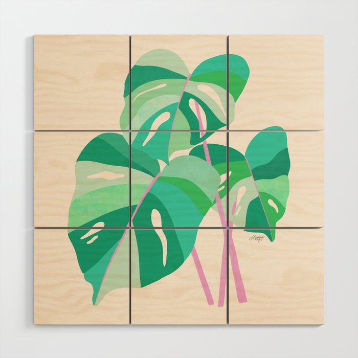 Monstera Plant Illustration (Green/Pink Palette) Wood Wall Art