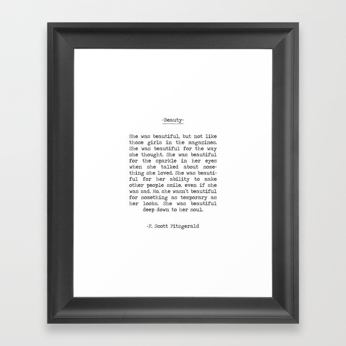 She was beautiful F. Scott Fizgerald typographical quote art print Framed Art Print
