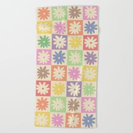 Colorful Flower Checkered Pattern Beach Towel