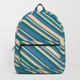 [ Thumbnail: Tan, Teal & Blue Colored Lines/Stripes Pattern Backpack ]