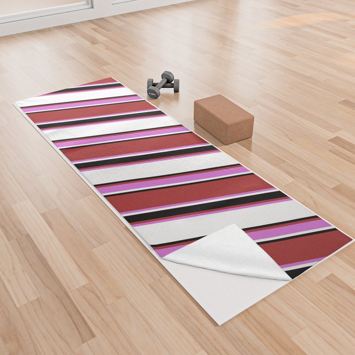 Brown, Orchid, White & Black Colored Pattern of Stripes Yoga Towel