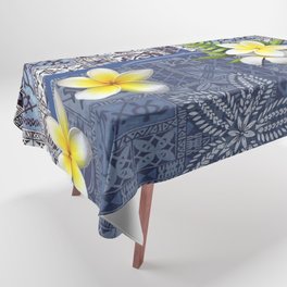 Blue Hawaiian Tapa and Plumeria Tablecloth