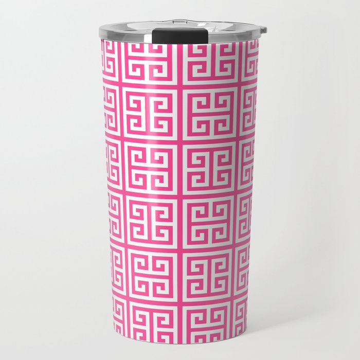 Pink Minimalist Greek Key Squares Travel Mug