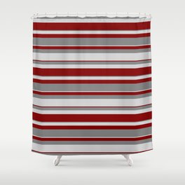 [ Thumbnail: Grey, Light Grey & Maroon Colored Stripes Pattern Shower Curtain ]