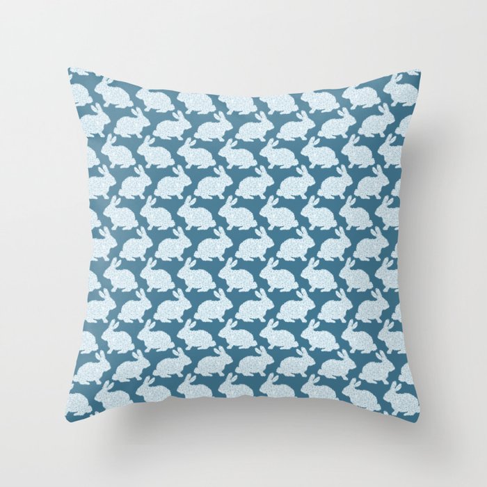 Floral Bunnies with 'Heart' - Light Blue on dark Throw Pillow