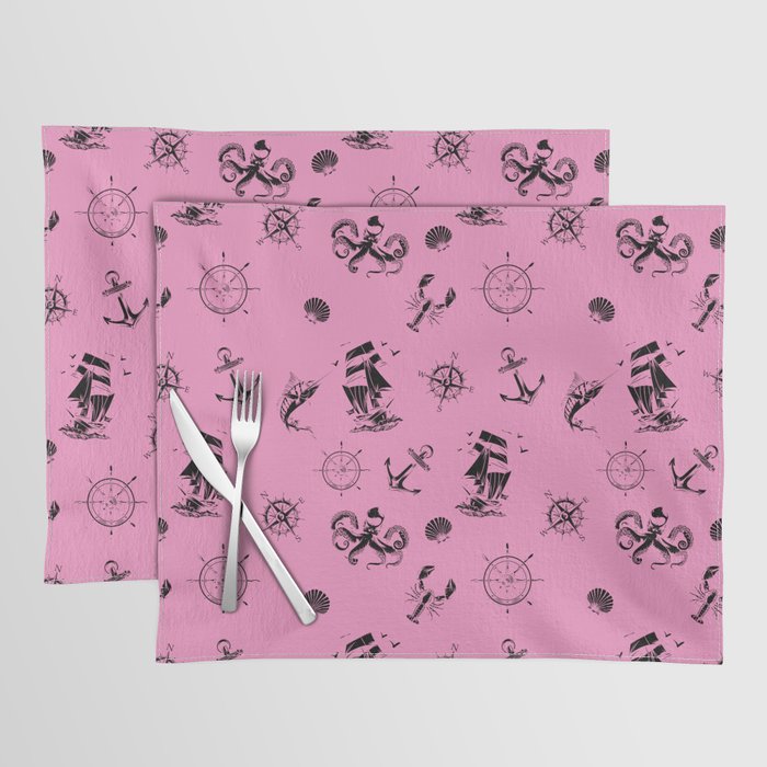 Pink And Black Silhouettes Of Vintage Nautical Pattern Placemat