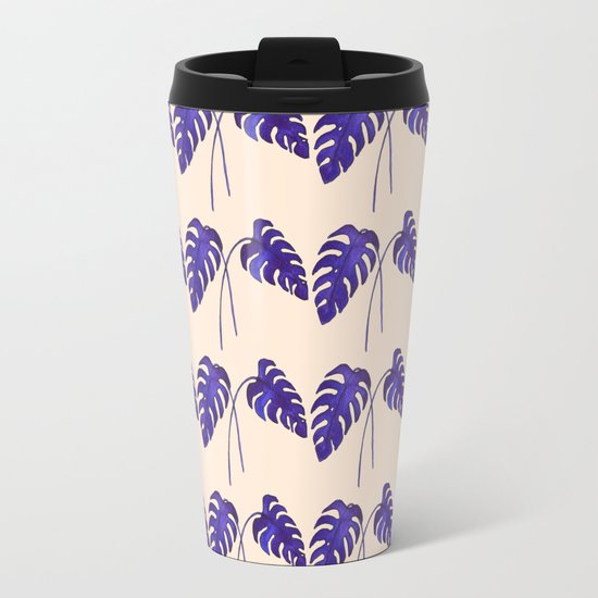 Indigo Monstera Leaf Watercolor on Blush Travel Mug