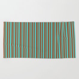 [ Thumbnail: Sienna & Turquoise Colored Striped/Lined Pattern Beach Towel ]
