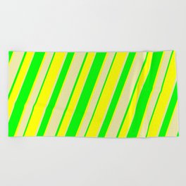 [ Thumbnail: Lime, Yellow, and Pale Goldenrod Colored Striped Pattern Beach Towel ]