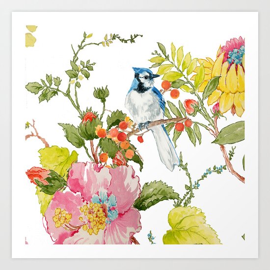 Bluejay Bird Day Floral Art Print