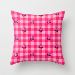Hot Pink Gingham Roses Pattern Throw Pillow