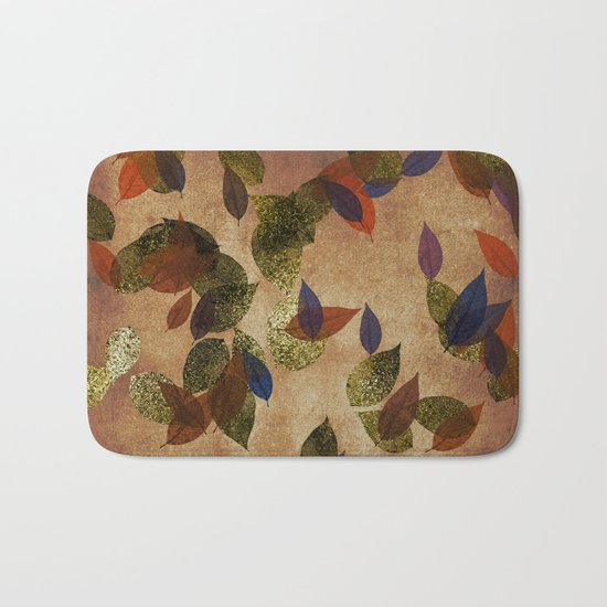 Autumn-world 3 - gold glitter leaves on dark backround Bath Mat