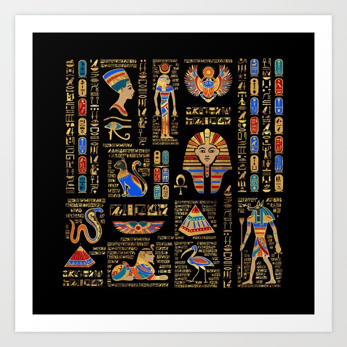 Egyptian hieroglyphs and deities on black Art Print