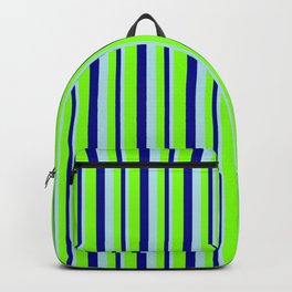 [ Thumbnail: Powder Blue, Dark Blue, and Chartreuse Colored Lines Pattern Backpack ]