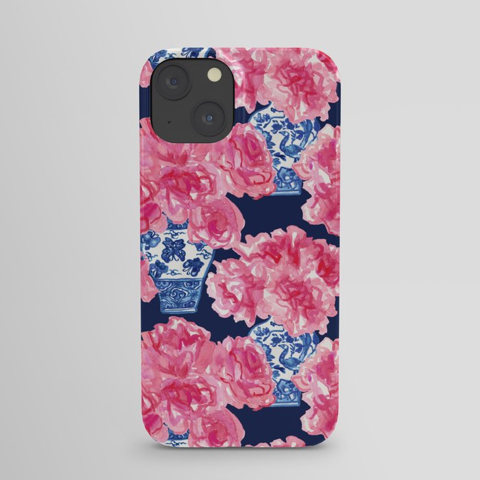 Watercolor Peony Bouquets in Blue Chinese Vases on Navy iPhone Case